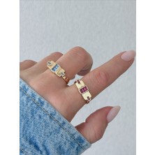 QA Quella Accessories Özel Seri Pembe-Mavi Şerit   14 Ayar Soft Rose Gold Ayarlanabilir Yüzük - Mavi
