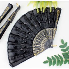 Emh Store 12 Li Siyah Plastik Pullu Kumaş Yelpaze