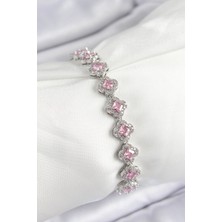 Emh Store Pirinç Zirkon Taşlı Pembe Yonca Baget Model Gümüş Renk Vıp Seri Kadın Bileklik - TJ-BB7505