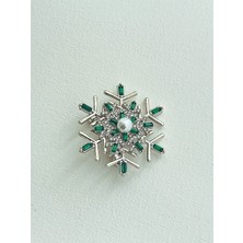 QA Quella Accessories Zirkon Zümrüt Yeşili Kar Tanesi Gümüş Broş