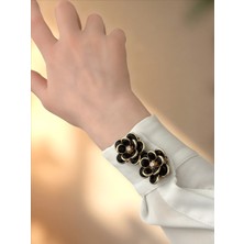QA Quella Accessories Zirkon Siyah Çiçek  Gold Düğme Aksesuar Broş - Tek