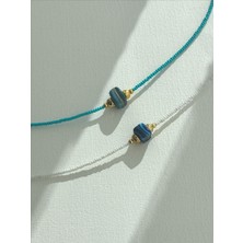 QA Quella Accessories Lak Kaplama Doğal Taş Kum Boncuk Mavi & Beyaz 14K Gold Halhal 22+5 cm - Mavi