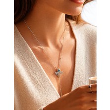QA Quella Accessories Çelik Lacivert Güneş Figürlü 14K Altın Kaplama Gümüş & Gold Y Dekolte Kolye 45+5 cm - Gold