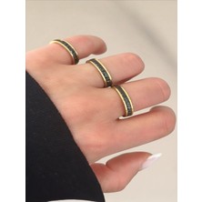 QA Quella Accessories Çelik Siyah Mine Sıralı Ince Taşlı Gold Yüzük  - Size 7