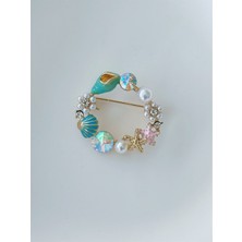 QA Quella Accessories Zirkon Tasarım Altın Kaplama Renkli Deniz Figürleri Gold Broş
