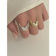 QA Quella Accessories Çelik Beyaz Zirkon Melek Kanadı Gümüş & Gold Ayarlanabilir Yüzük - Gold