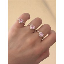 QA Quella Accessories Rodyum Pembe Zirkon Kalp 14 Ayar Soft Altın Kaplama Ayarlanabilir Gold Yüzük