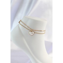 Emh Store 316L Çelik Gold Renk Beyaz Kalpli 2li Halhal - TJ-HH1584