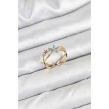 Emh Store Pirinç Gold Renk Zirkon Taşlı Mavi Çiçekli Kadın Yüzük - TJ-BYK3834