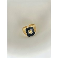 QA Quella Accessories Özel Seri  Siyah Plaka Sarı Zirkon Baget Ayarlanabilir Gold Yüzük