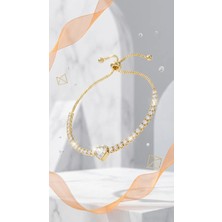 ArmoniaVital Altın Kaplama Zirkon Taşlı Kalp Su Yolu Bileklik - Ayarlanabilir Asansörlü Tennis Bileklik