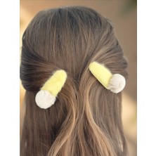 QA Quella Accessories Ponpon Peluş Yumuşak Klips Sarı - Krem Çocuk Çıtçıt Toka