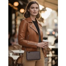 QA Quella Accessories Gümüş Taş Boncuk Zımbalı Süet Deri Bölmeli Zincirli El Omuz Acı Kahve Çanta