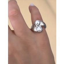 QA Quella Accessories Rodyum Sarmal Çift Beyaz Inci Tasarım Ayarlanabilir Gümüş Yüzük