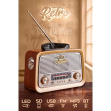 Feyza Design Retro Ahşap Desenli Bluetooth Radyo, Sd Kart, LED Fener, Usb, Fm/am/sw, 220V & Pilli