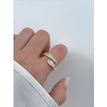 QA Quella Accessories Rodyum Yılan Tasarım Zirkon 14 Ayar Altın Kaplama Ayarlanabilir Gold Yüzük