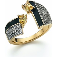 QA Quella Accessories Özel Seri  Sarı Zirkon Siyah Çizgi Detay Ayarlanabilir Gold Yüzük