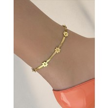 QA Quella Accessories Çelik Italyan Zincir Çiçek Sıralı Gold Halhal 20+5 cm