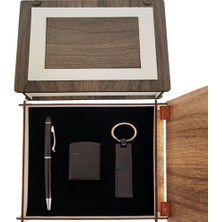 Emh Store Özel Ahşap Kutulu Mat Siyah Kalem Anahtarlık ve Çakmak Set