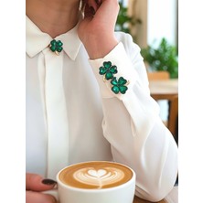 QA Quella Accessories Kristal Taşlı Yonca  Zümrüt Yeşili Gold Düğme Aksesuarı Broş - Tek