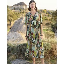 Hayat Store Arias Closet %100 Viskon Çiçek ve Yaprak Desenli Kısa Kollu Elbise