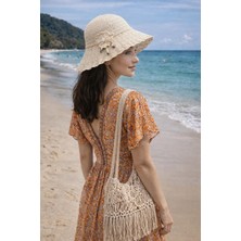 Çiçek Desen Örgülü Hasır Kadın Şapka