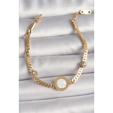 Emh Store 316L Çelik Gold Renk Yassı Zincir Model Zirkon Taş Detaylı Beyaz Mineli Madalyon Model Kadın Bileklik - TJ-BB6732