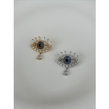QA Quella Accessories Zirkon Taş Altın Kaplama Tasarım Lacivert Göz Nazar Gold & Gümüş Broş - Gümüş