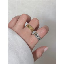 QA Quella Accessories Çelik Yonca  Vintage Geçişli Gümüş & Gold Ayarlanabilir Yüzük - Gold