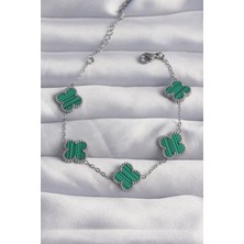 Emh Store 316L Çelik Gümüş Renk Çizgili Yeşil Mineli Yonca Bileklik - TJ-BB6259