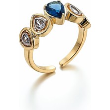 QA Quella Accessories Özel Seri  Damla Beyaz Lacivert Zirkon Ayarlanabilir Gold Yüzük