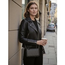 QA Quella Accessories Gümüş Taş Boncuk Zımbalı Süet Deri Bölmeli Zincirli El Omuz Siyah Çanta