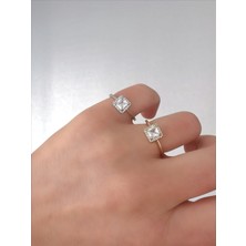 QA Quella Accessories Rodyum Kare Baget Tek Taş Zirkon Gümüş & Gold Ayarlanabilir Yüzük - Gold