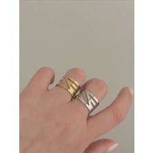 QA Quella Accessories Çelik Çizgi Tasarım Kalın Gümüş & Gold Ayarlanabilir Yüzük  - Gümüş