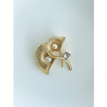 QA Quella Accessories Özel Seri  Inci Tasarım Zirkon Ikili Çiçek Gold Broş