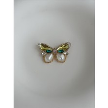 QA Quella Accessories Zirkon Taş Altın Kaplama Yeşil Inci Kelebek Tasarım Gold Broş