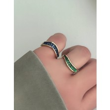 QA Quella Accessories Özel Seri Lacivert & Yeşil Zirkon Ayarlanabilir 14K Gold Yüzük - Lacivert
