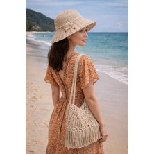 Çiçek Desen Örgülü Hasır Kadın Şapka