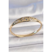 Emh Store Pirinç Gold Renk Zirkon Taşlı Hilal Işleme Mavi Taşlı Yıldız Detay Kadın Kelepçe - TJ-BB6920