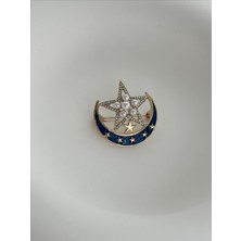 QA Quella Accessories Özel Seri  Zirkon Taş Lacivert Ay Inci Yıldız Tasarım Gold Broş