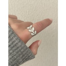 QA Quella Accessories Çelik Beyaz Yaprak Zirkon Taş Ayarlanabilir Gümüş Yüzük