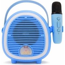 Çocuklara Özel Retro Tasarımlı Bluetooth Karaoke Mikrofon ve Ahşap Tripodlu – Mavi Nemere