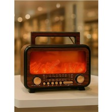 Feyza Design Ahşap Nostaljik Şömine Görüntülü Bluetooth Radyo Güneş Enerjili Şarj