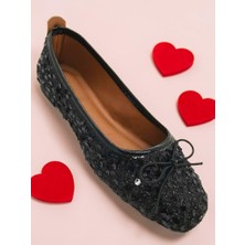 Ellaboni Kadın Mary Jane Siyah Pullu Simli Babet Payetli Fiyonklu Şık Günlük Babet Ev Ayakkabısı