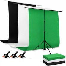 AZT 150X200CM T Stand Bar + 1.5X2MT Siyah Beyaz ve Yeşil Fon Perde Background Backdrop Çekim T-Shape