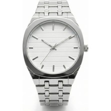 Baghes Erkek Gümüş Renk Metal Kordonlu Beyaz Çizgili Kadran Modern Kol Saati