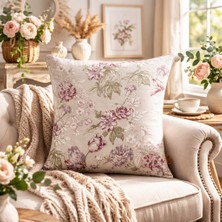 Buem Shop Rosaline Keten Kırlent 45X45 cm Ekru Çiçek Desenli Biyeli Dekoratif Kılıf