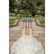 Işıltılı ve Taşlı Prenses Resimli Fiyonklu Kız Çocuğu Topuklu Abiye Ayakkabısı