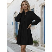 Fresco Scarfs Kadın Uzun Kollu Yakadan Bağcıklı Fırfırlı Keten Mini Elbise