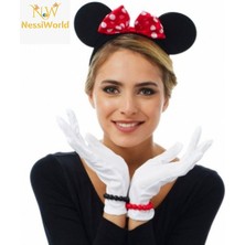 isiltikidsmoda Kırmızı Fiyonklu Minnie Mouse Tacı ve Beyaz Eldiven Seti